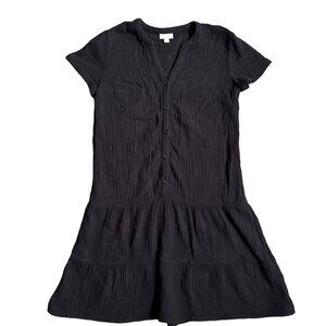 J Jill Dress Womens XS Black Cotton Tiered Drop‎ Waist Button Oversized Shirt